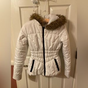 Celebrity Pink White Hooded Faux Fur Puffy Jacket